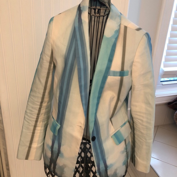 Unique Designer Blue Watercolour Linen Coastal Blazer - Picture 2 of 4